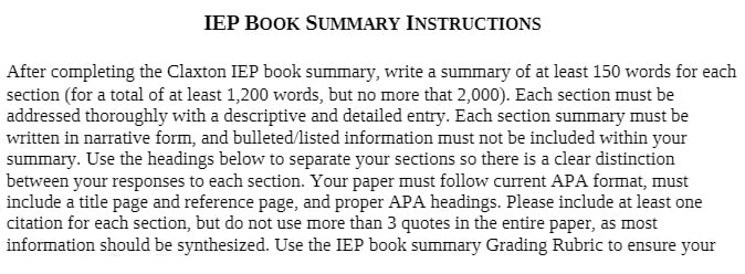 EDUC 521 EDUC521 EDUC/521 IEP Book Summary Instructions