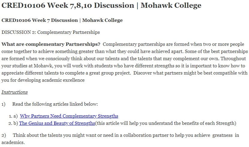 CRED10106 Week 10 Discussion | Mohawk College
